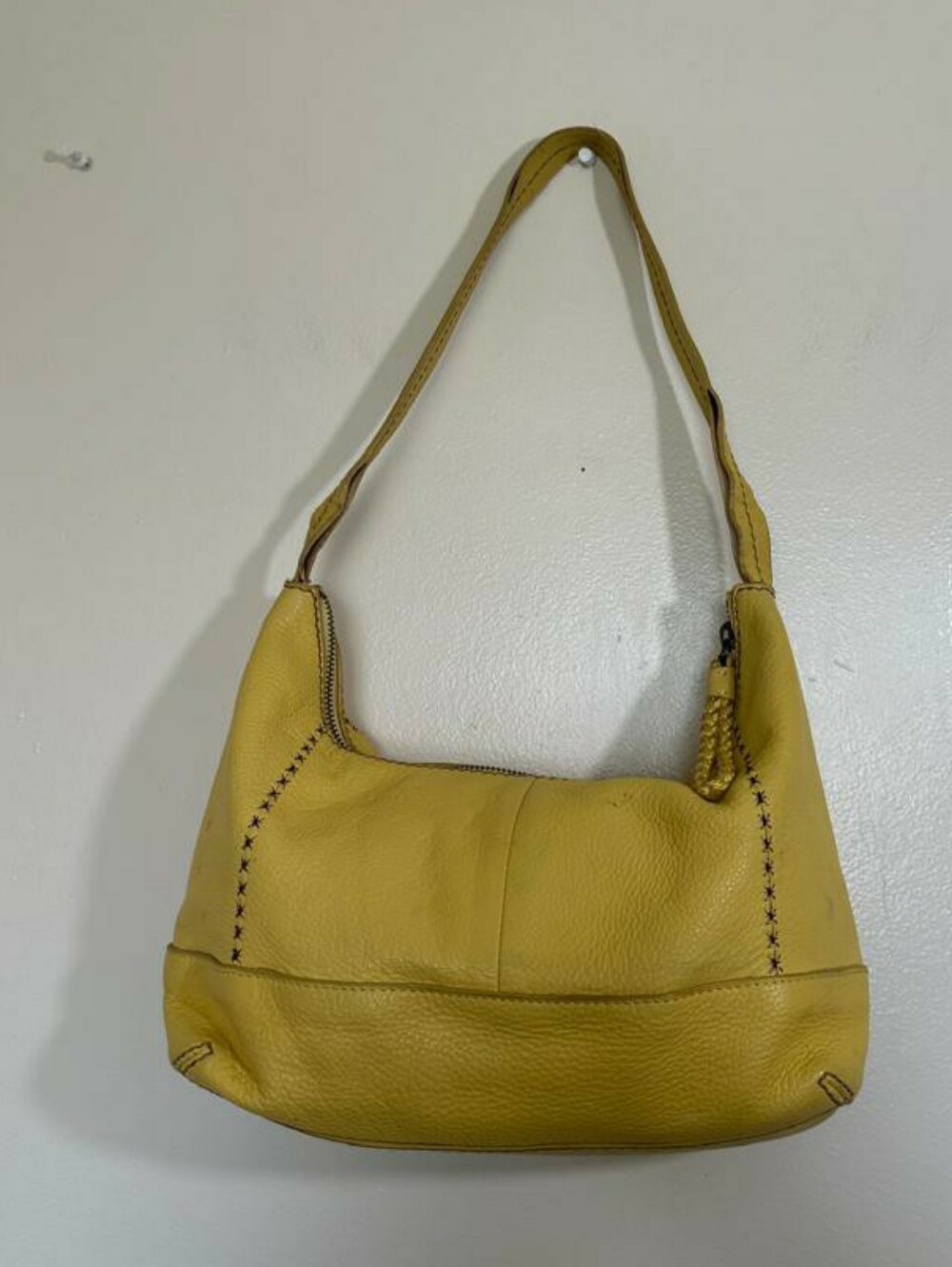 The Sak Yellow Pebbled Leather Hobo Shoulder Bag Purple Stitch Boho Purse